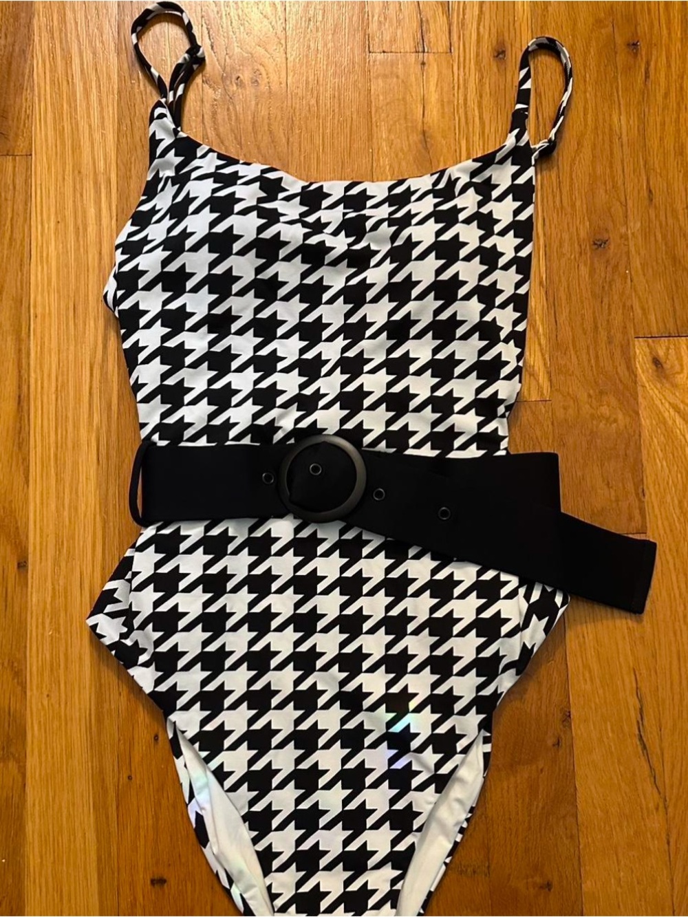 AQUA Black & White Houndstooth One-Piece Swimsuit with Belt
